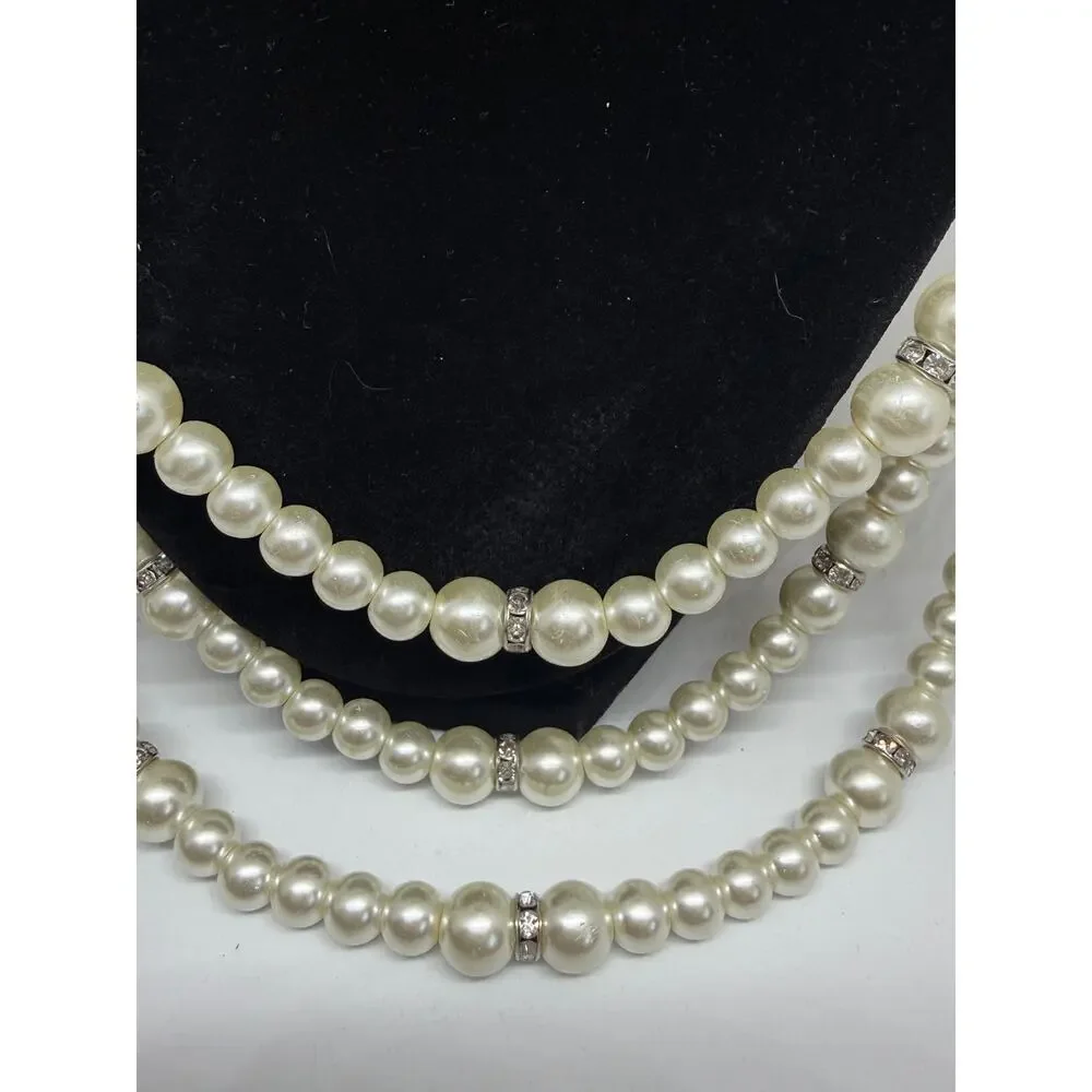 Triple Strand Faux Pearls Rhinestone Statement Necklace Layered Wedding Coquette